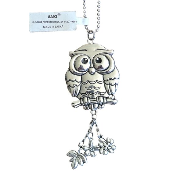 Ganz Silver Tone Owl Car Charm w/ Floral Accents Rear View Mirror Accessory 7" - Picture 1 of 5